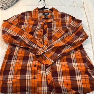 Duluth Trading Co Orange and Brown Casual Button Down Shirt